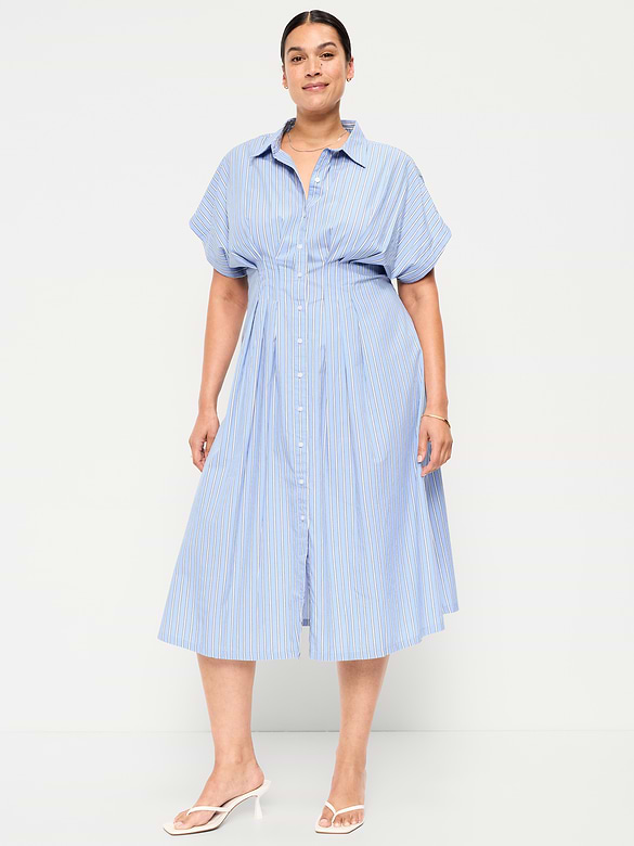 Pintuck-Waist Midi Shirt Dress
