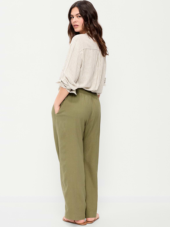 High-Waisted Linen-Blend Straight Ankle Pants