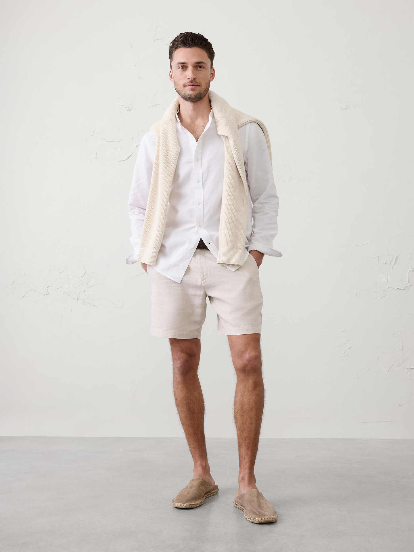 Image number 1 showing, Slim-Fit Linen-Blend Banded-Collar Shirt