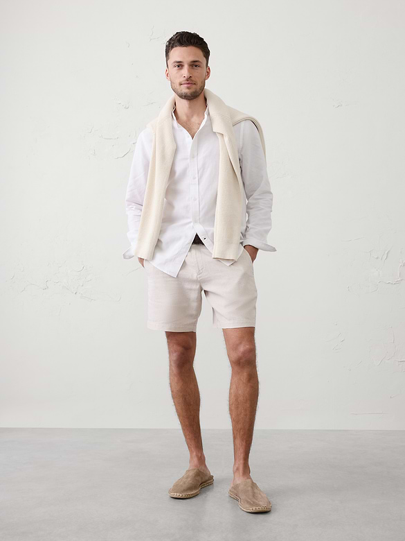 Slim-Fit Linen-Blend Banded-Collar Shirt