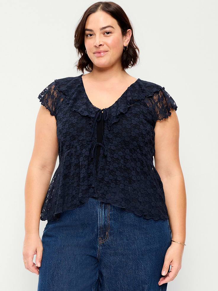 Image number 8 showing, Short-Sleeve Open-Front Lace Ruffle Top