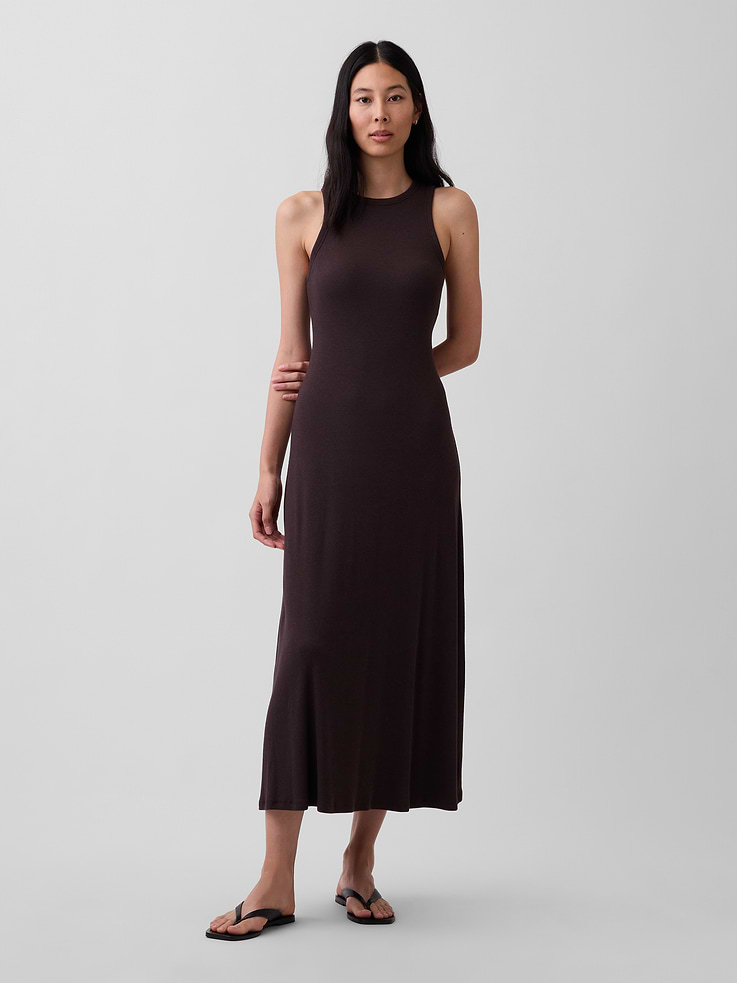 Image 1 of 5, Our soft & stretchy cotton-modal blend that hugs you just right. It’s your new 7-days-a-week essential., Soft, ribbed stretch cotton-modal blend tank maxi dress., Crewneck., Sleeveless., Vertical back seam., Built-in shelf bra., This product was made in a factory that invests in gender equity and women’s empowerment through RISE. Learn more at gapinc.com/equity ., Product #878881