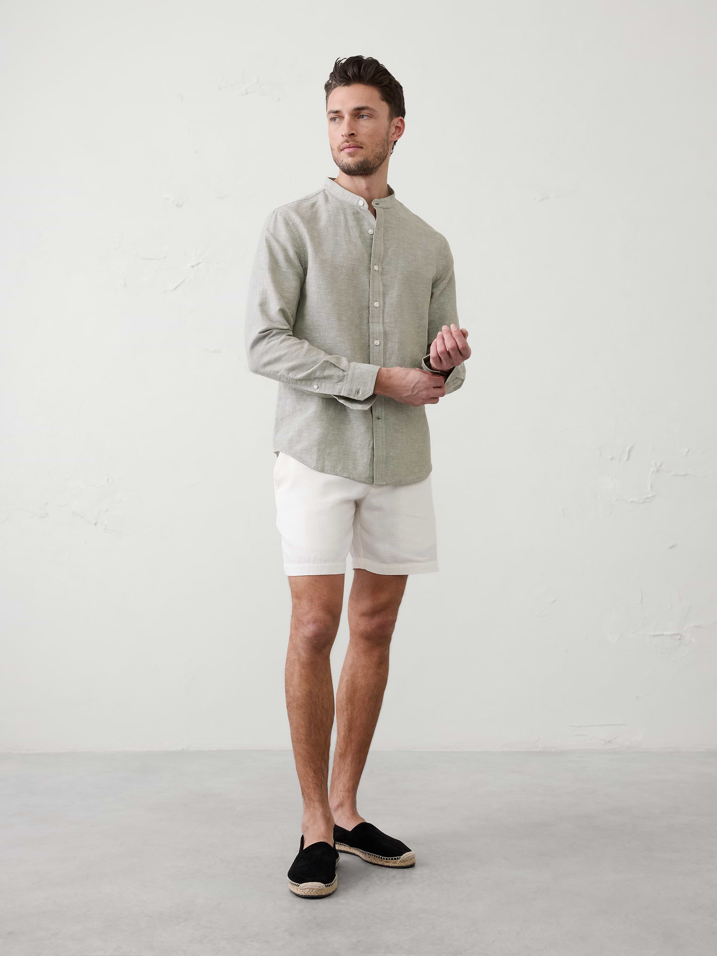 Image number 1 showing, Slim-Fit Linen-Blend Banded-Collar Shirt
