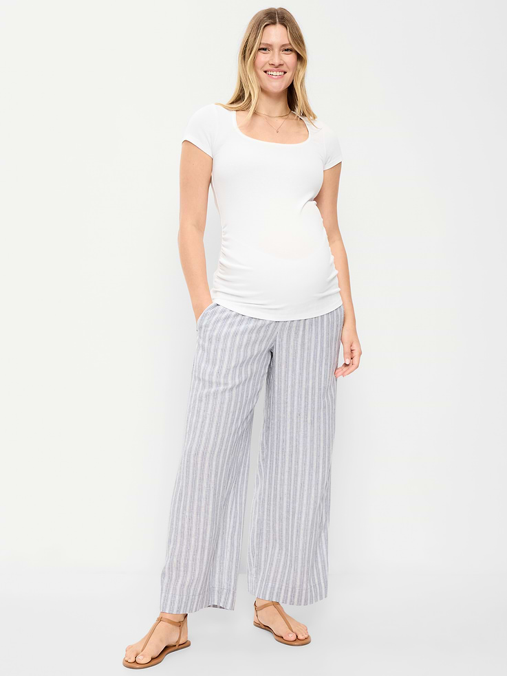 Image number 1 showing, Maternity Rollover Waist Linen-Blend Wide-Leg Pants