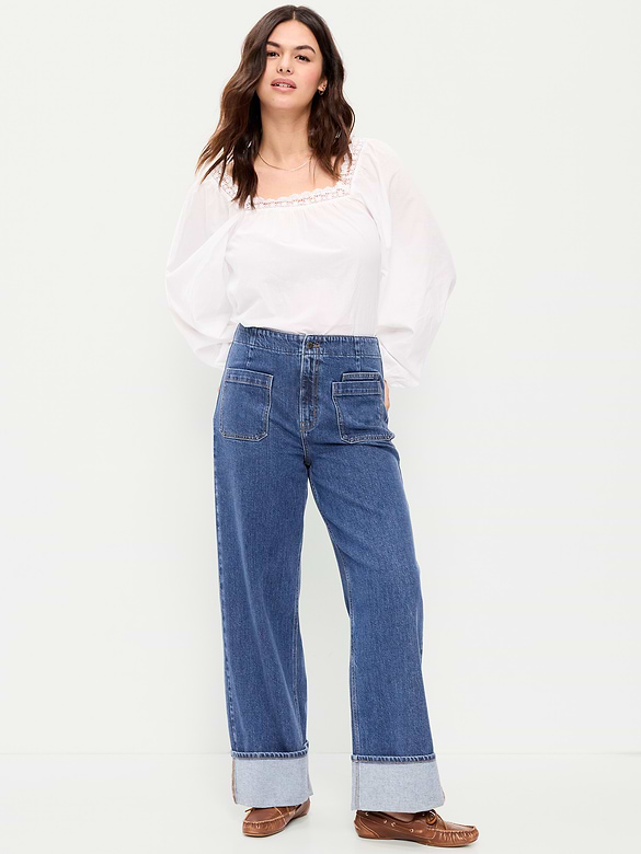 Jean à jambe large à revers et à taille très haute