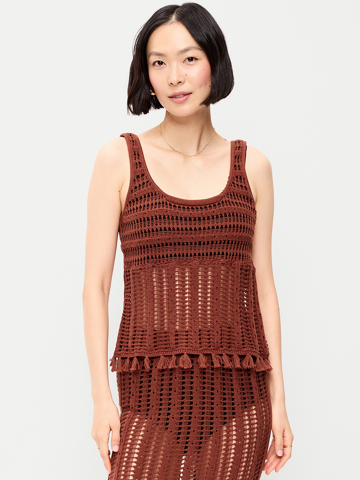 Image number 1 showing, Open-Weave Seaside Cotton Fringe Tank Top