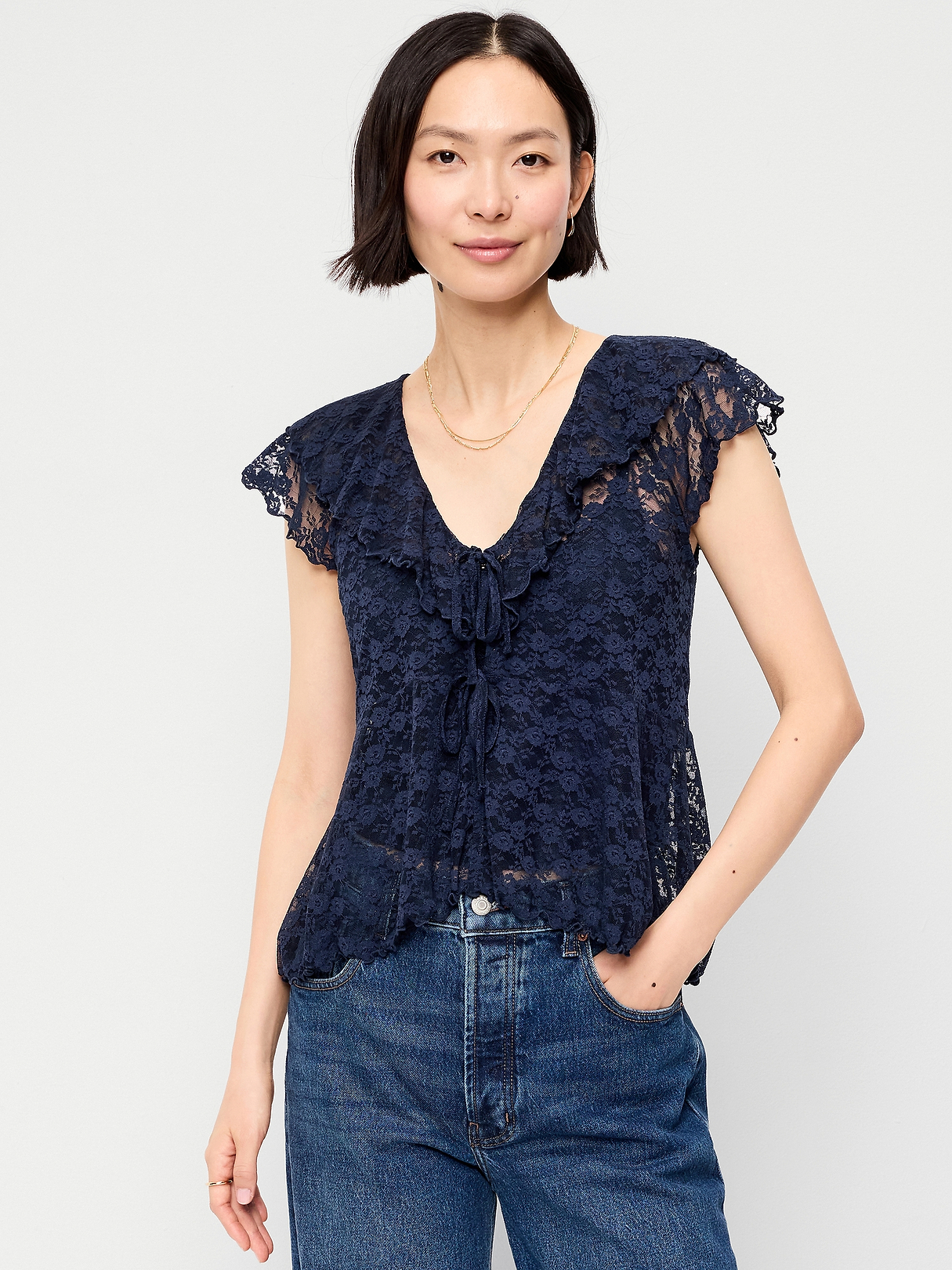 Short-Sleeve Open-Front Lace Ruffle Top | Old Navy