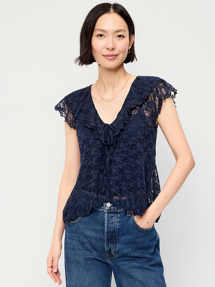 Image number 1 showing, Short-Sleeve Open-Front Lace Ruffle Top