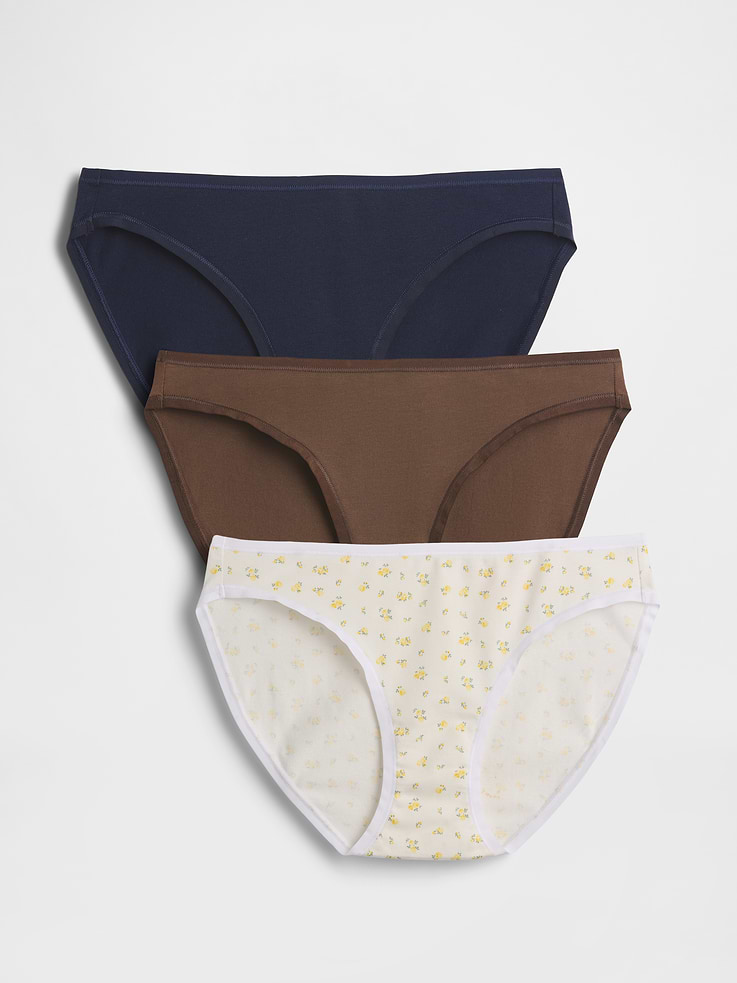 Image 1 of 3, Soft, stretch organic cotton bikini underwear., Light as air and extra breathable., Elasticized waistband and leg openings., Assorted allover prints., Made with 92% organically grown cotton. Organic cotton is better for people and the environment because it's grown without the use of harmful synthetic pesticides and fertilizers., This product was made in a factory that invests in gender equity and women’s empowerment through RISE. Learn more at gapinc.com/equity ., Product #842855