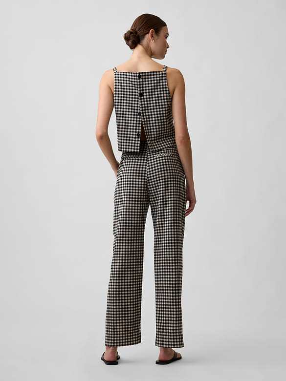 High Rise Linen-Blend Straight Crop Pants
