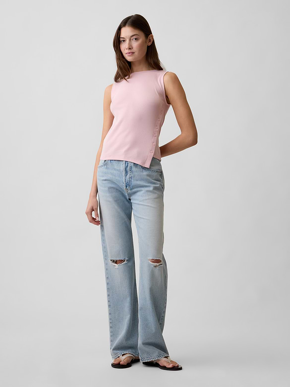 Modern Ribbed Asymmetrical Button-Side Top