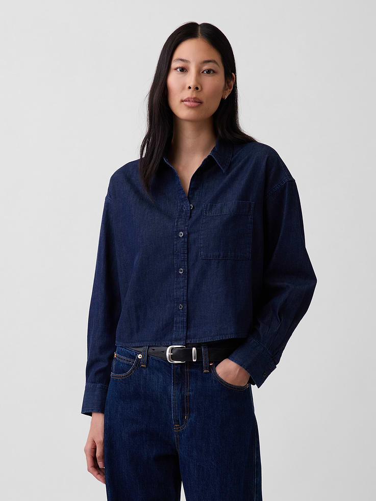 Image number 1 showing, UltraSoft Denim Straight-Hem Crop Shirt