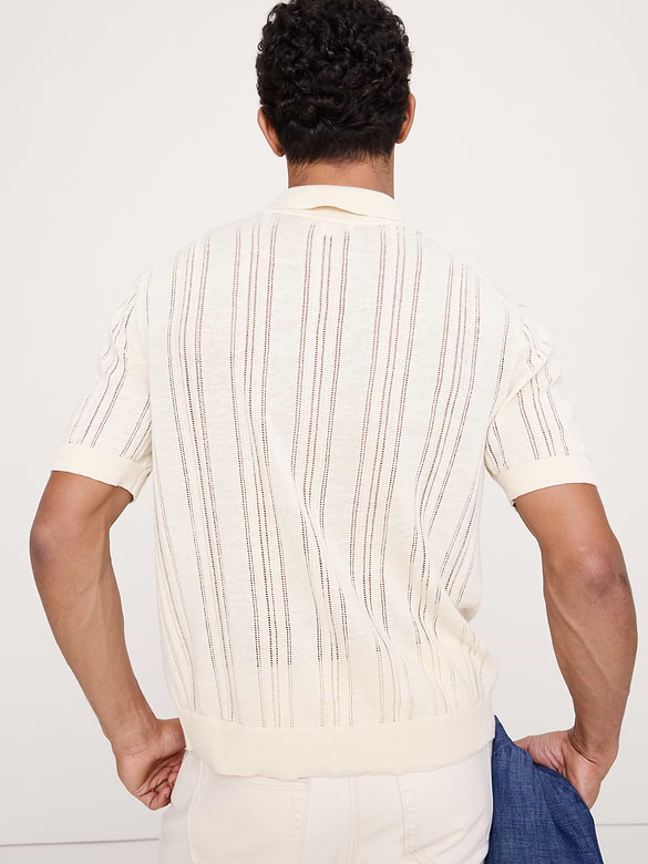 Linen-Cotton Textured Polo Cardigan