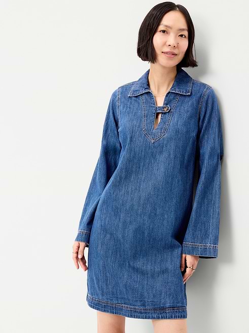 jean long sleeve dress Long-Sleeve Popover Mini making it perfect for day or night Ania Long Balloon Style Midi