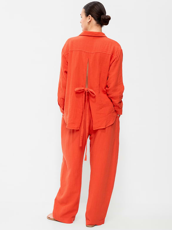 High-Waisted Crinkle Gauze Barrel Ankle Pants