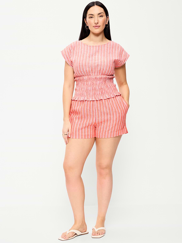 Short en mélange de lin à taille haute, entrejambe de 9 cm