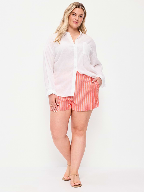 Short en mélange de lin à taille haute, entrejambe de 9 cm