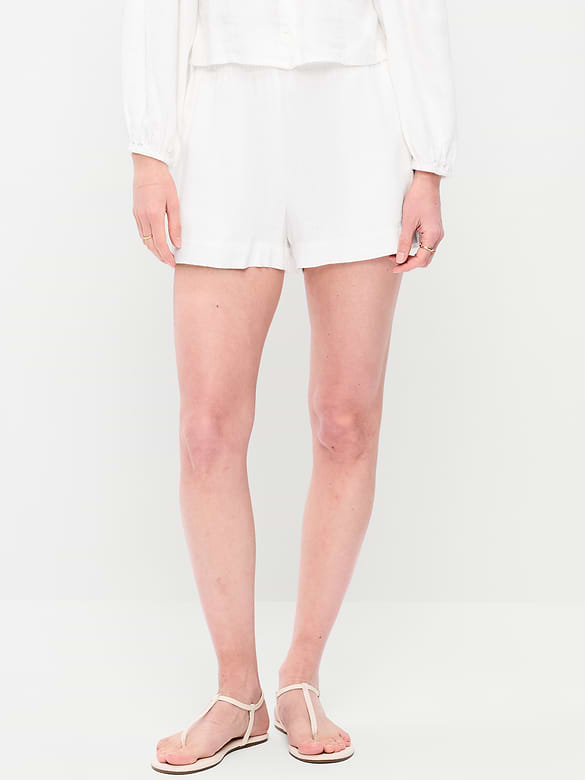 Short en mélange de lin à taille haute, entrejambe de 9 cm