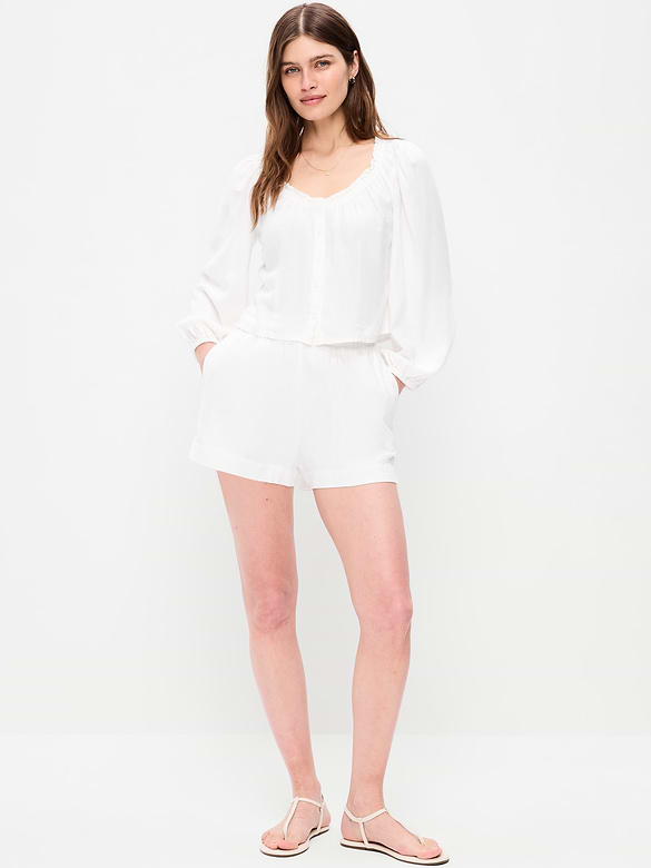 Short en mélange de lin à taille haute, entrejambe de 9 cm
