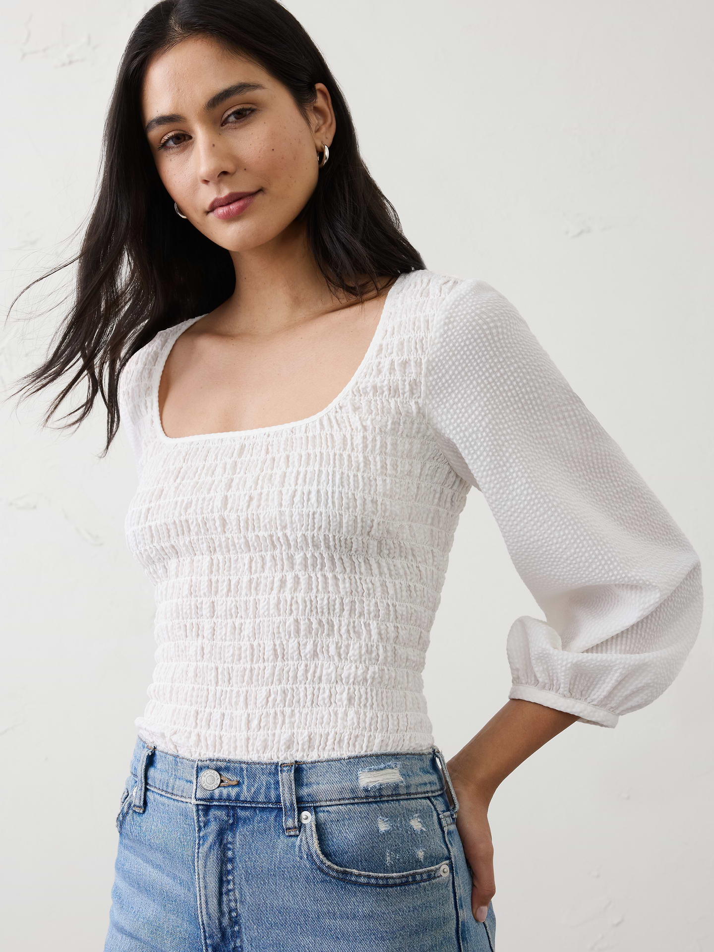 Image number 1 showing, Seersucker Smocked-Bodice Top