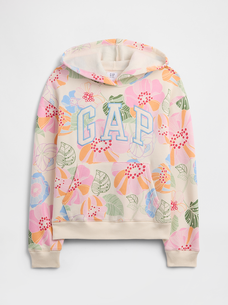 Image 1 of 3, This product is made with/contains 23% recycled polyester. Compared to virgin materials, using recycled materials helps reduce resource use and waste., Soft, comfy fleece., Dropped shoulder, long sleeves with banded cuffs., Hood., Gap logo at front., Kanga pockets., Banded hem., Select styles have allover print., This product was made in a factory that invests in gender equity and women’s empowerment through RISE. Learn more at, Product #1173197