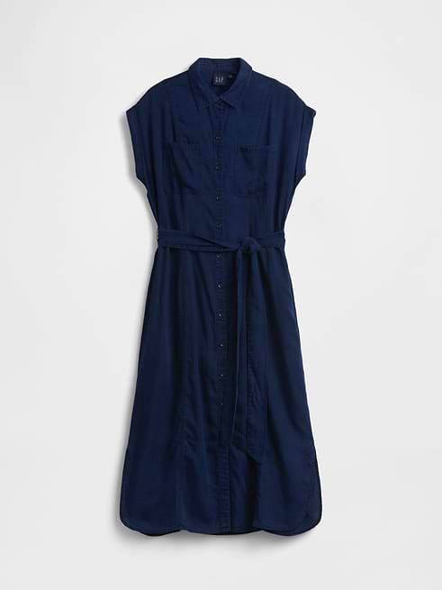 blue utility tie waist shirt dress Women's Denim Tie-Waist Midi by Gap Dark Wash Size XXS warm iron or dry Neckline_Strapless Sweetheart 40th Birthday Dresses for Size:Pre-Order 7-8 years