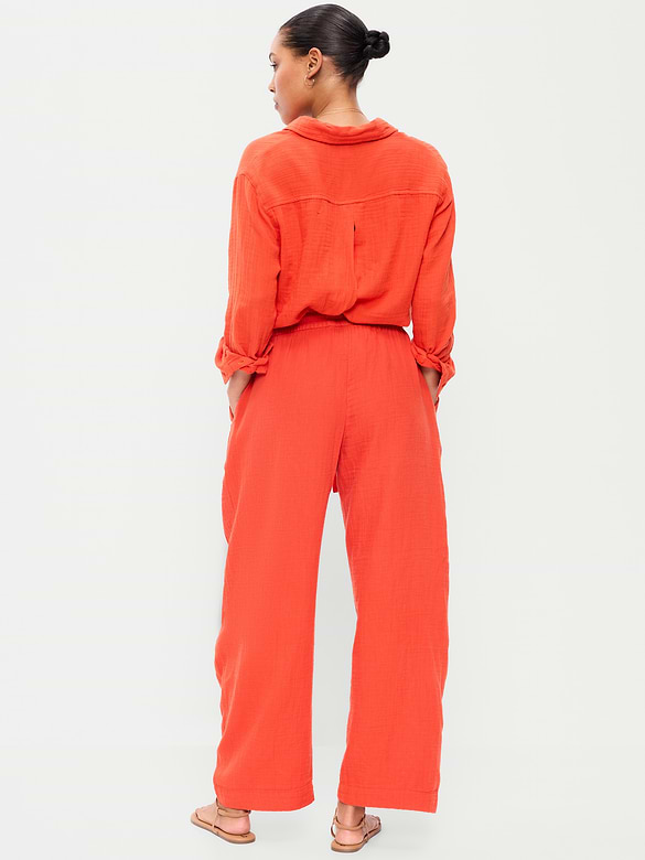 High-Waisted Crinkle Gauze Barrel Ankle Pants