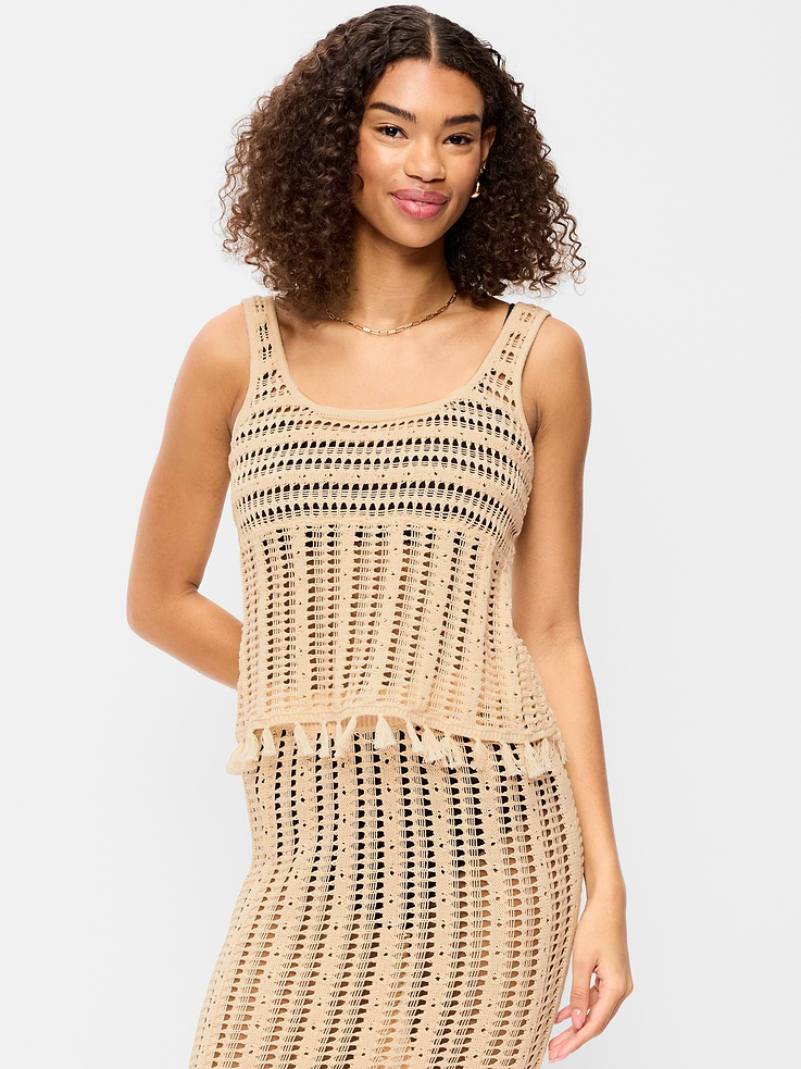 Image number 1 showing, Open-Weave Seaside Cotton Fringe Tank Top