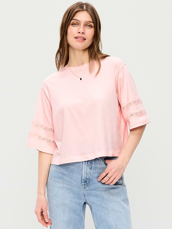 Vintage Crew-Neck Cropped Lace-Trim T-Shirt