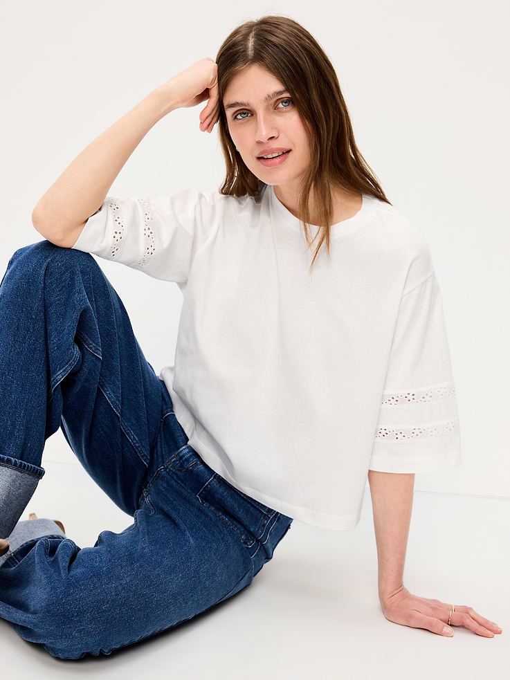 Image number 3 showing, Vintage Crew-Neck Cropped Lace-Trim T-Shirt