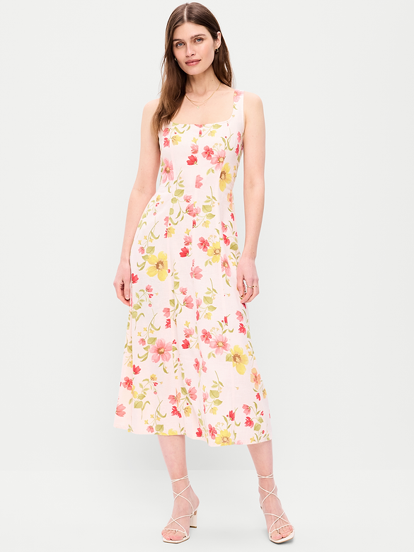 Fit & Flare Sleeveless Linen-Blend Midi Dress