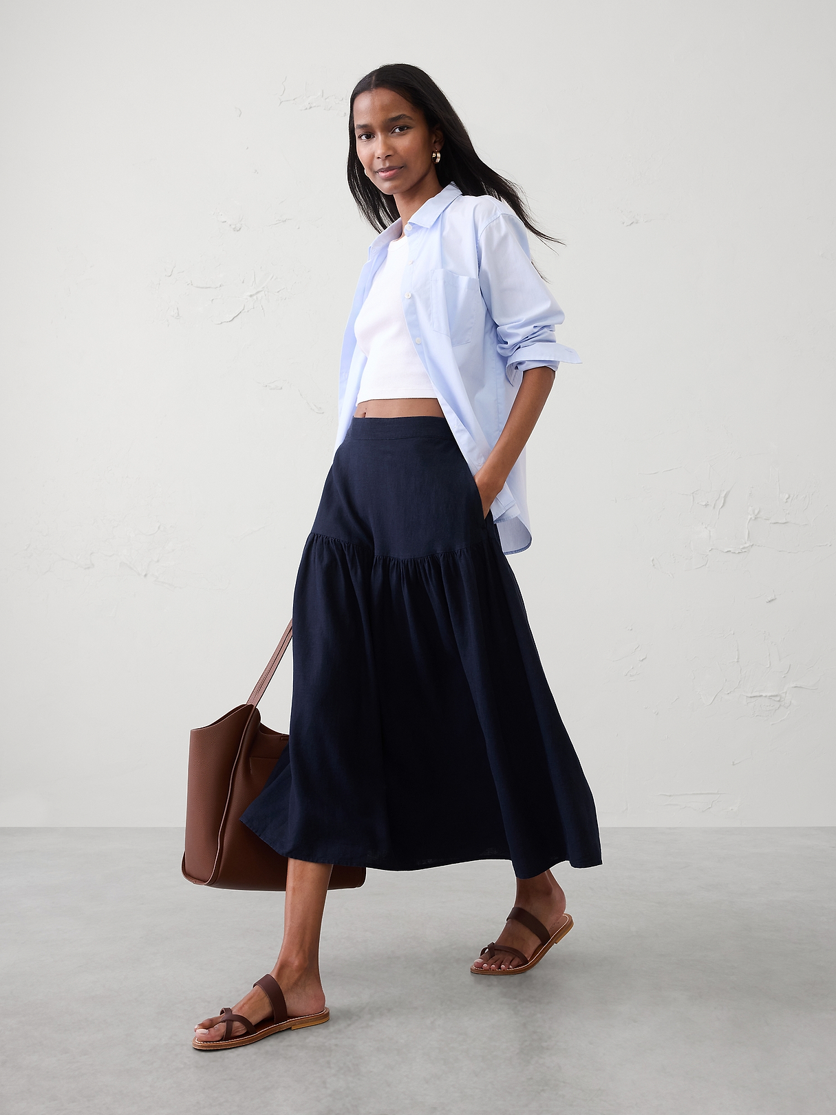 Linen-Blend Tiered Midi Skirt | Banana Republic Factory