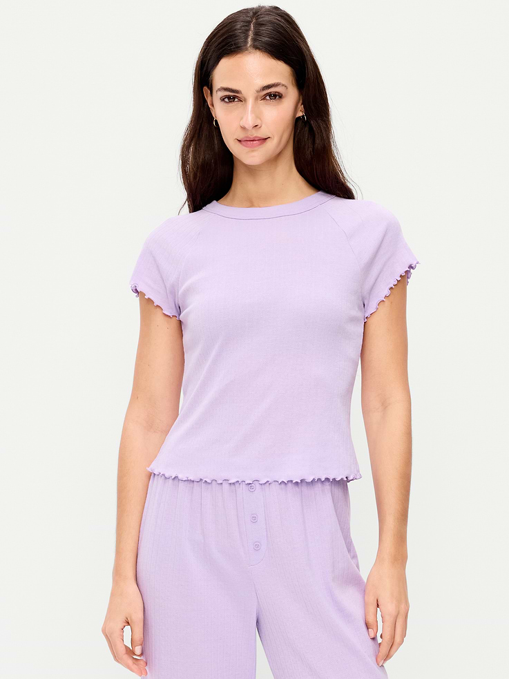 Image 1 of 7, rib-knit crew neck, lettuce-edge hem and sleeves, short raglan sleeves, Product #862122