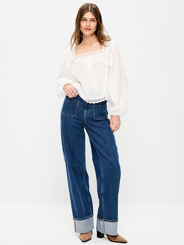 Jean à jambe large à revers et à taille très haute