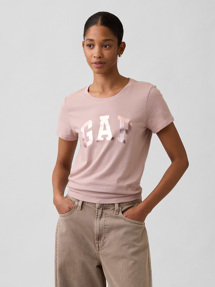 Image 1 of 5, Soft jersey knit., Short sleeves., Crewneck., Gap logo at front., This product was made in a factory that invests in gender equity and women’s empowerment through RISE. Learn more at, Product #1173393
