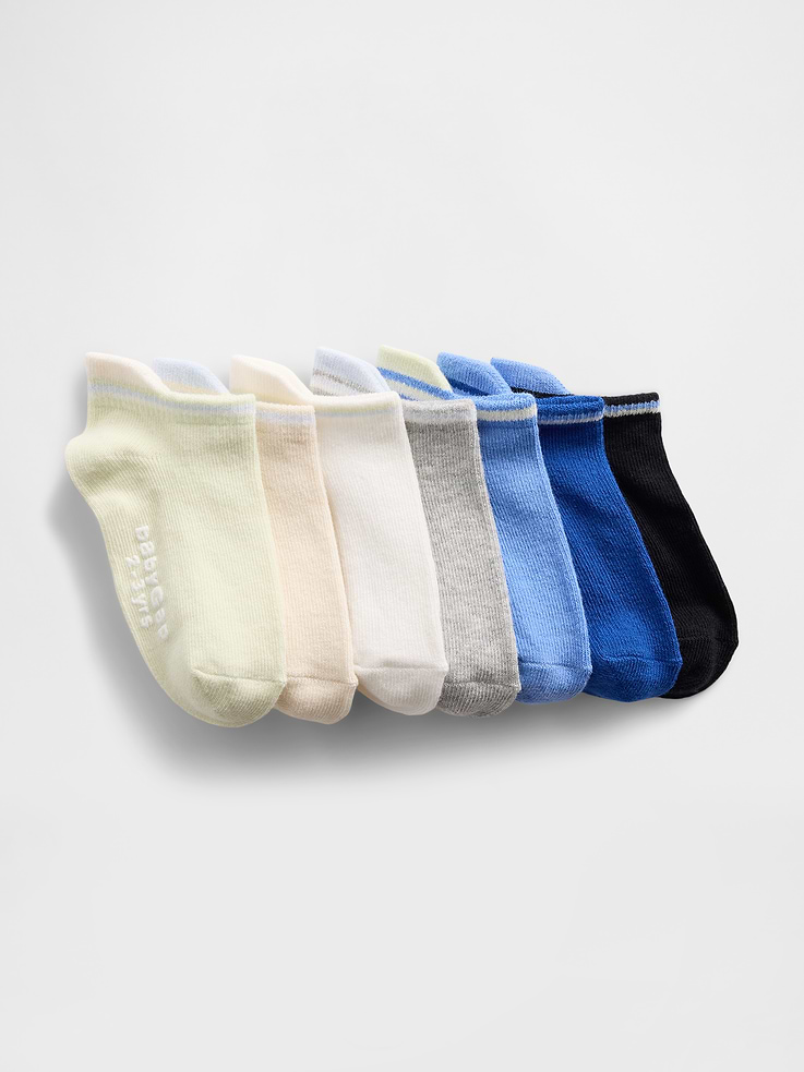 Image 1 of 1, Soft stretch knit ankle socks., Ribbed top with easy-on ankle tabs., Reinforced toe and heel., This pair of socks is made with 10% recycled polyester. Compared to virgin materials, using recycled materials helps to reduce resource use and waste., This product was made in a factory that invests in gender equity and women’s empowerment through RISE. Learn more at gapinc.com/equity ., Product #884031