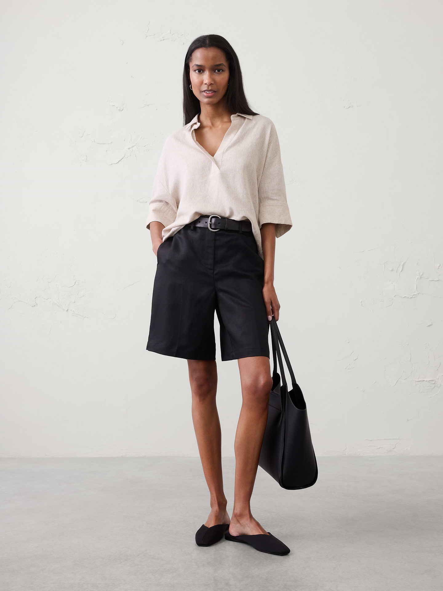 Image number 1 showing, Linen-Blend Drapey Popover Shirt