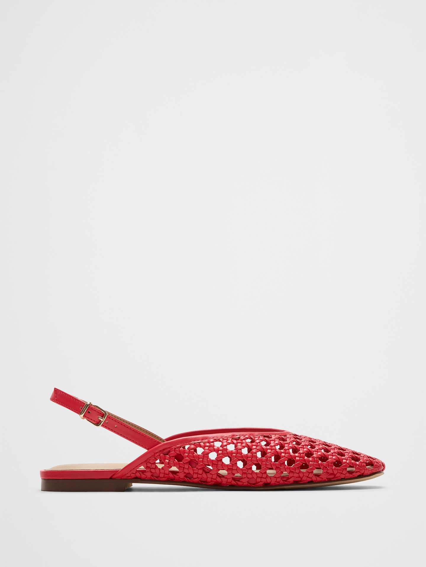 Image 1 of 5, This woven slingback flat features an intricate, open‑weave upper that creates a light, breathable feel—perfect for warm days and easy transitions. The pointed toe adds a refined, elongated silhouette, balancing the relaxed texture with polished sophistication., Adjustable slingback strap with buckle fastening., Made exclusively for Banana Republic Factory., Product #855510