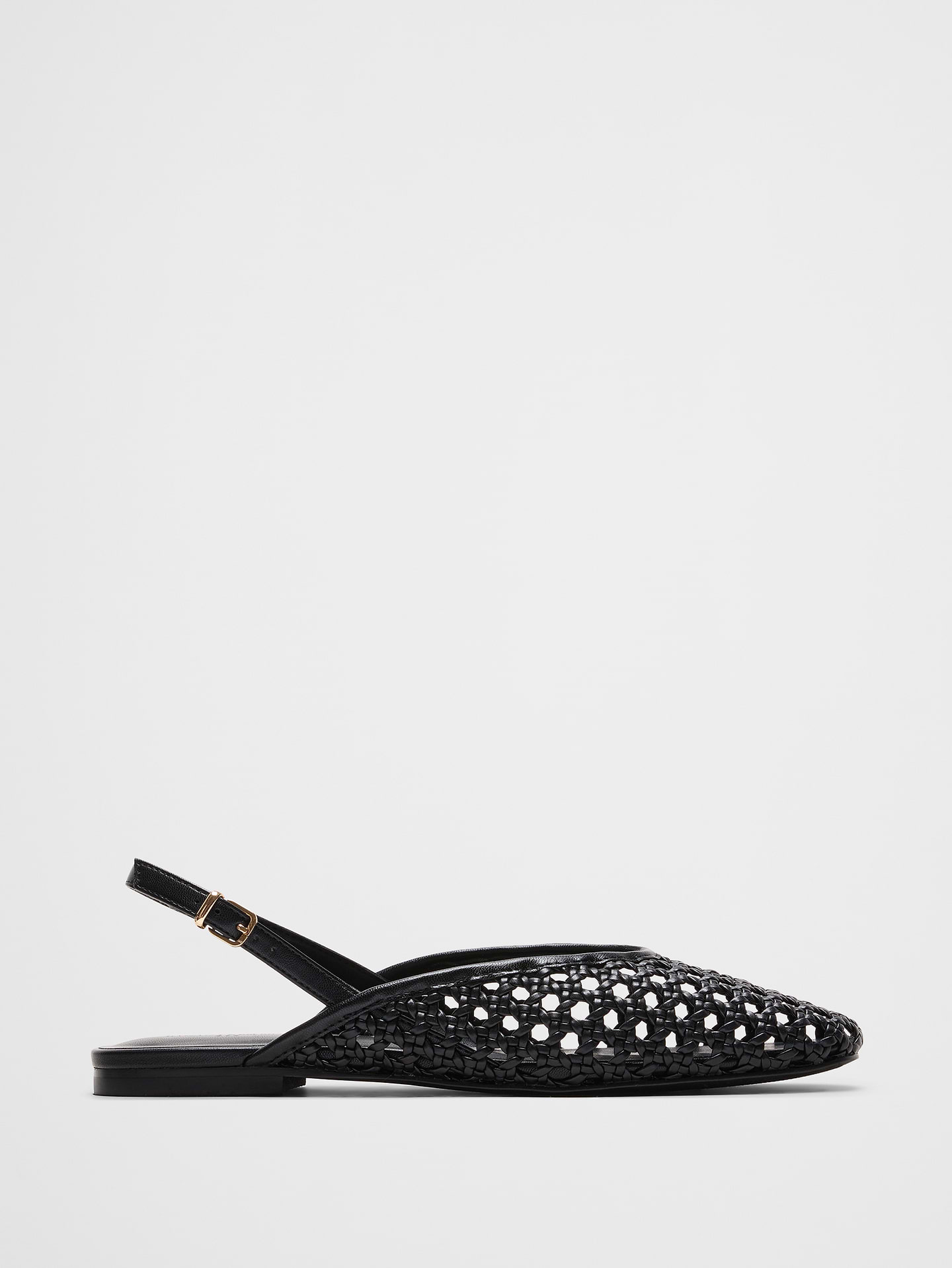 Image 1 of 5, This woven slingback flat features an intricate, open‑weave upper that creates a light, breathable feel—perfect for warm days and easy transitions. The pointed toe adds a refined, elongated silhouette, balancing the relaxed texture with polished sophistication., Adjustable slingback strap with buckle fastening., Made exclusively for Banana Republic Factory., Product #855510