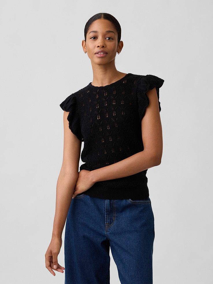 Image 1 of 5, Soft cotton knit., Short flutter sleeves., Scalloped round neckline., Ribbed, scalloped hem., This product was made in a factory that invests in gender equity and women’s empowerment through RISE. Learn more at, Product #1173339