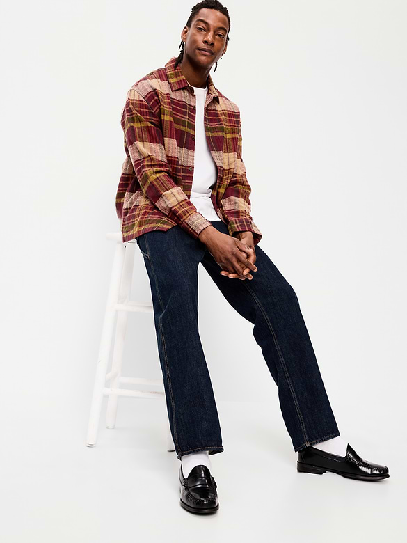 Loose Fit Textured Plaid Pocket Shirt