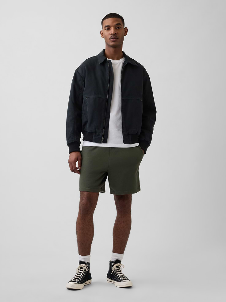 Image 1 of 8, Soft, heavyweight cotton-blend French terry sweat shorts. In a relaxed fit., Elasticized waist with drawcords., Side slant pockets, back patch pocket., Made with 14% recycled polyester. Compared to virgin materials, using recycled materials helps to reduce resource use and waste., Explore our GapSweats Guide ., This product was made in a factory that invests in gender equity and women’s empowerment through RISE. Learn more at gapinc.com/equity ., Product #887081