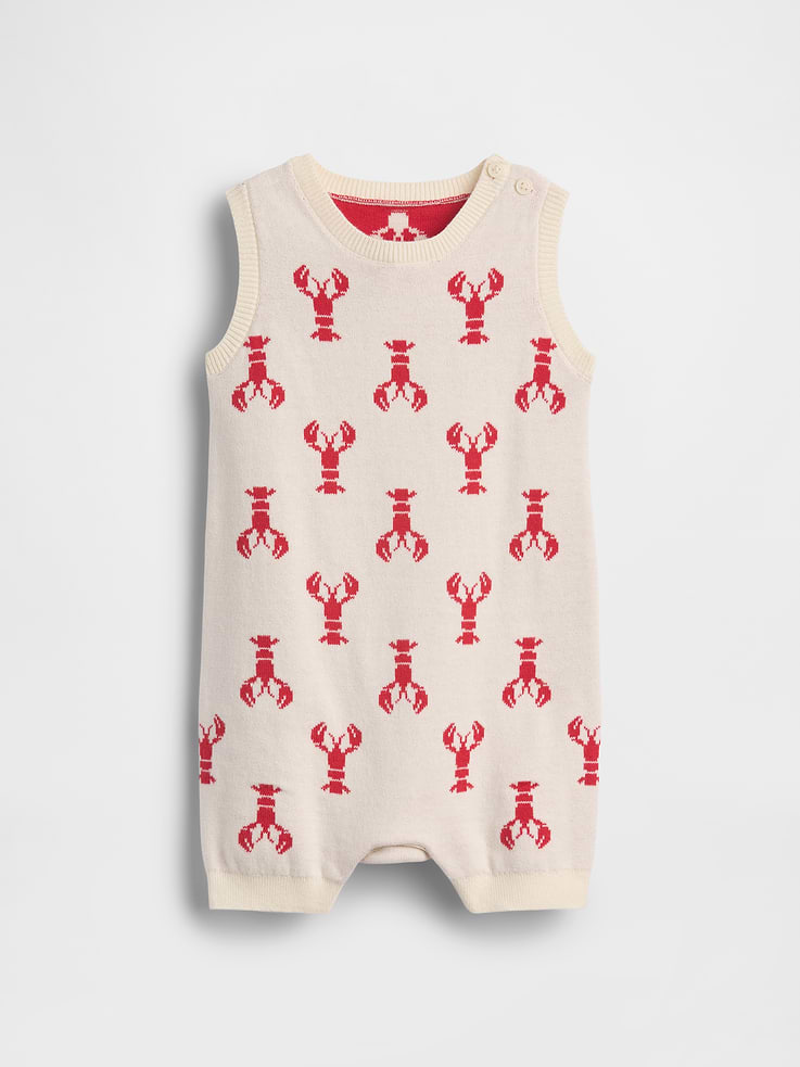 Image 1 of 2, Soft knit cotton sweater tank shorty one-piece., Crewneck with button placket at shoulder for easy over-the-head., Sleeveless., Allover lobster print., Ribbed hem., Snaps at inseam for easy dressing and diapering., This product was made in a factory that invests in gender equity and women’s empowerment through RISE. Learn more at gapinc.com/equity ., Product #898605