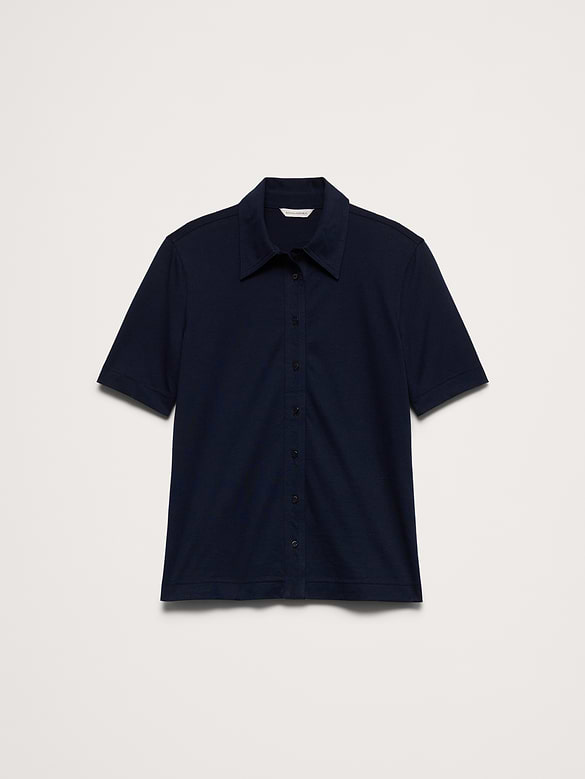 Silky Cotton Short-Sleeve Button-Down Top