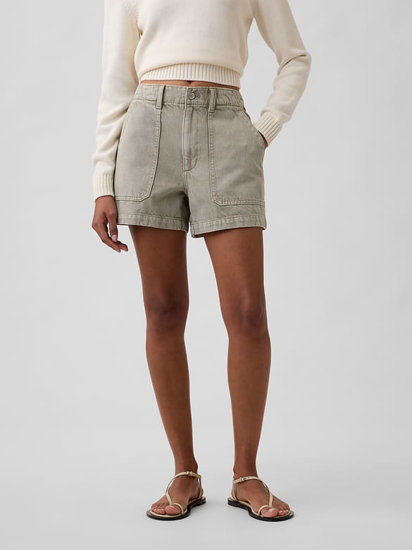 4" High Rise Soft Denim Utility Shorts