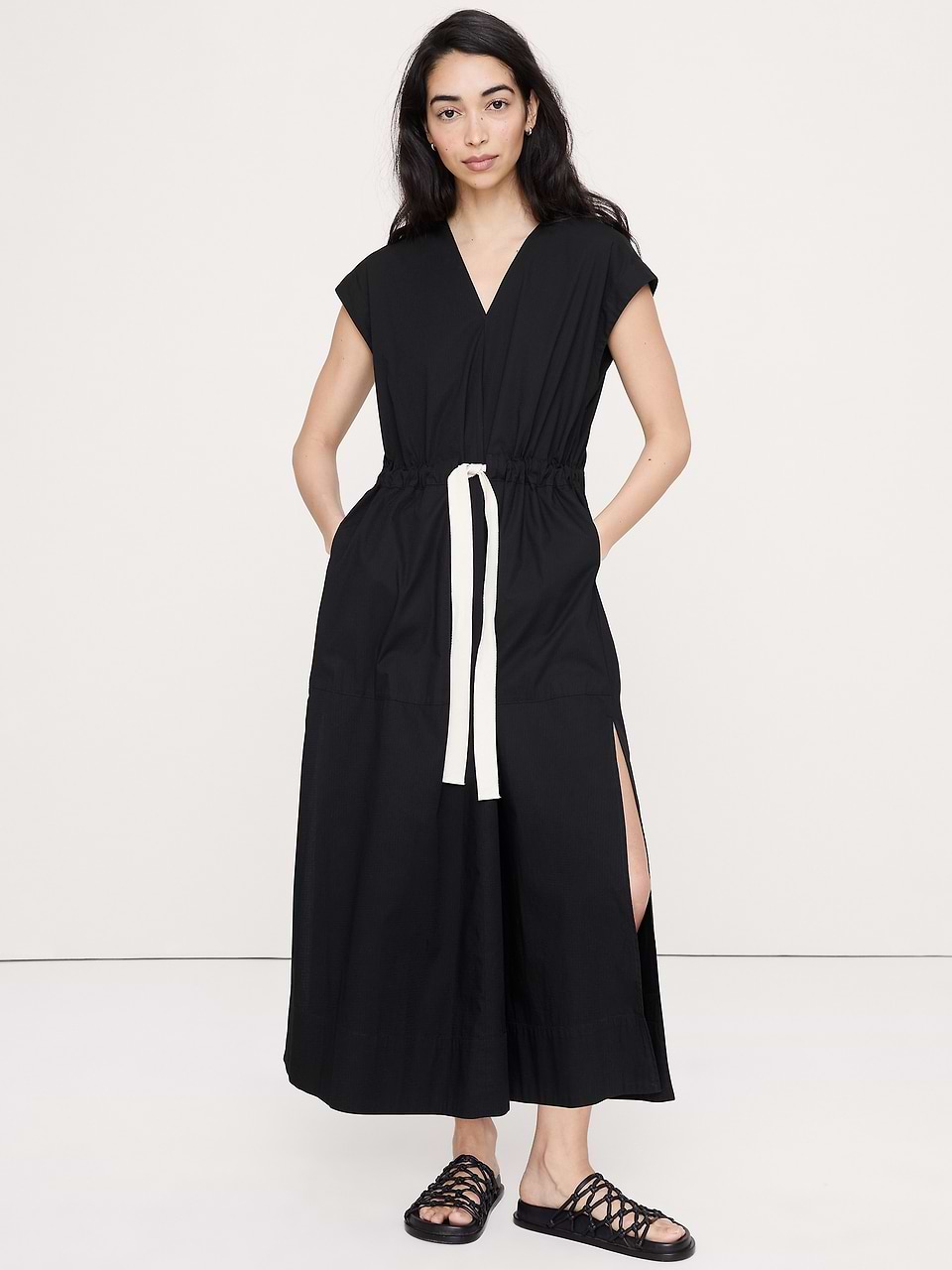 banana republic black and white wrap dress Stretch-Cotton Tie-Waist Maxi Valeria Wide Leather Waist Belt Size:38L