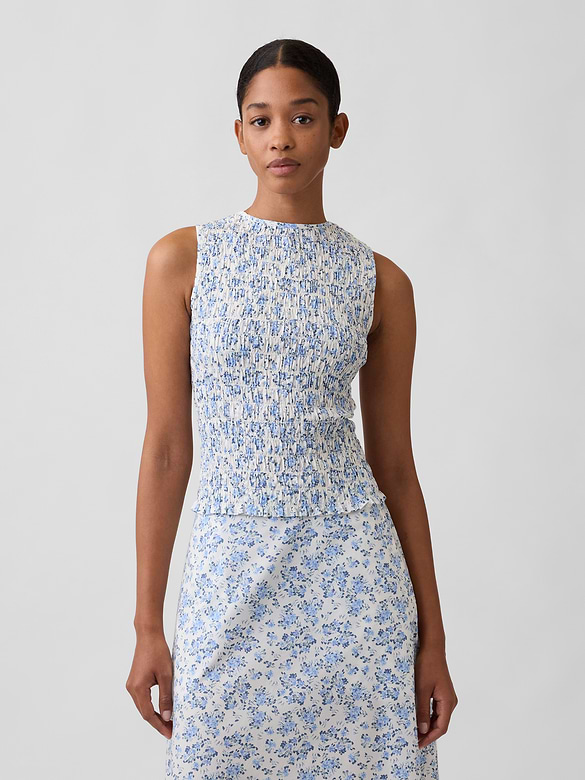 Smocked Sleeveless Boatneck Top