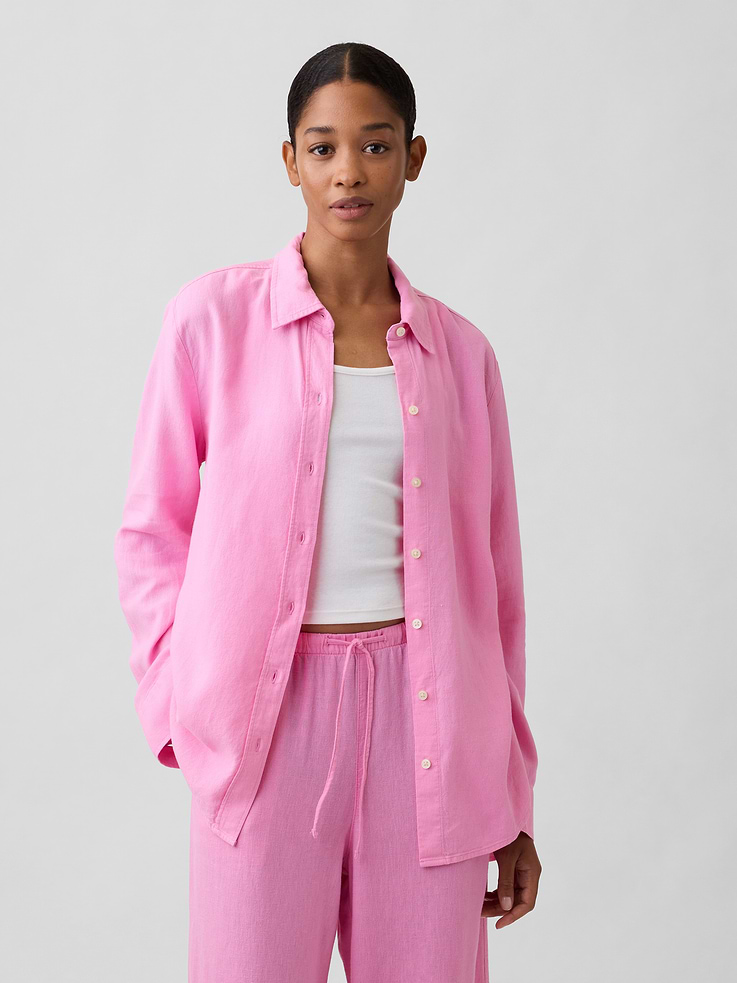 Image 1 of 5, Smooth linen blend., Long sleeves with button cuffs., Spread collar, button front., Patch pocket at chest., Curved shirttail hem is slightly longer at back., Select styles have allover stripes., This product was made in a factory that invests in gender equity and women’s empowerment through RISE. Learn more at, Product #751154