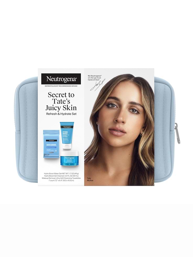 Image 1 of 2, Unlock the secret to Tate McRae's glowing skin with Neutrogena's Refresh & Hydrate Skin Care Set. This travel-size kit includes three of Tate McRae's on-the-go essentials: Makeup remover wipes, Hydro Boost facial cleansing gel, and Water Gel face moisturizer., Hydro Boost Water Gel with Hyaluronic Acid Ingredients include Water, Dimethicone, Glycerin, Dimethicone/Vinyl Dimethicone Crosspolymer, Sodium Hyaluronate, Cetearyl Olivate, Sorbitan Olivate, Carbomer, Synthetic Beeswax, Polyacrylamide, C13-14 Isoparaffin, Laureth-7, Ethylhexylglycerin, Caprylyl Glycol, Chlorphenesin, Phenoxyethanol, Fragrance, Blue 1., Hydro Boost Hydrating Gel Cleanser with Hyaluronic Acid Ingredients include Water, Cocamidopropyl Betaine, Sodium Cocoyl Glycinate, Glycerin, Acrylates Copolymer, Sodium Hyaluronate, PEG-80 Sorbitan Laurate, Sodium Chloride, Phenoxyethanol, Caprylyl Glycol, Ethylhexylglycerin, Fragrance, Citric Acid, Blue 1., Makeup Remover Cleansing Towelettes Formula includes Water, Cetyl Ethylhexanoate, Isopropyl Palmitate, Poloxamer 184, Sodium Chloride, PEG-40 Hydrogenated Castor Oil, Fragrance, Phenoxyethanol, Caprylyl Glycol, Ethylhexylglycerin, Citric Acid, Disodium EDTA., Non-refundable. Regular shipping fees apply., Product #915928