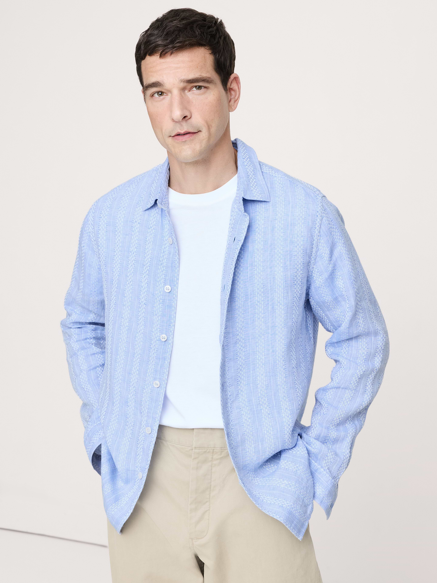 Image number 1 showing, Standard-Fit Textured Linen-Cotton Shirt